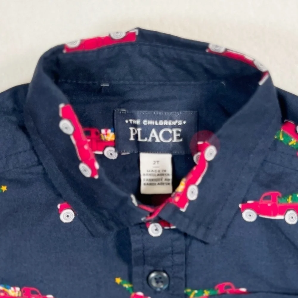 THE CHILDREN’S PLACE Toddler Boys Christmas Truck Tree Button Up Shirt 2T Preppy